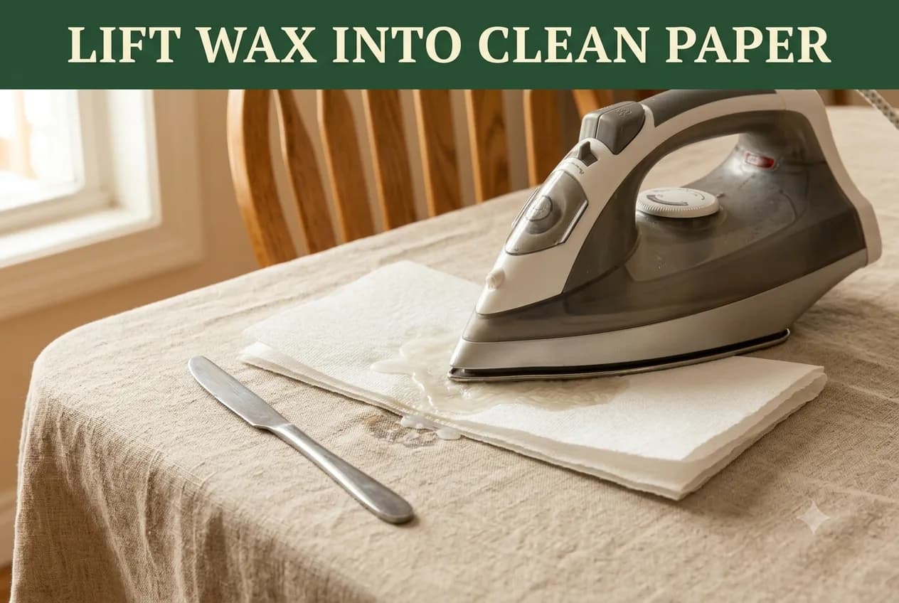 A warm iron pressing wax from a linen tablecloth into layered white paper towels