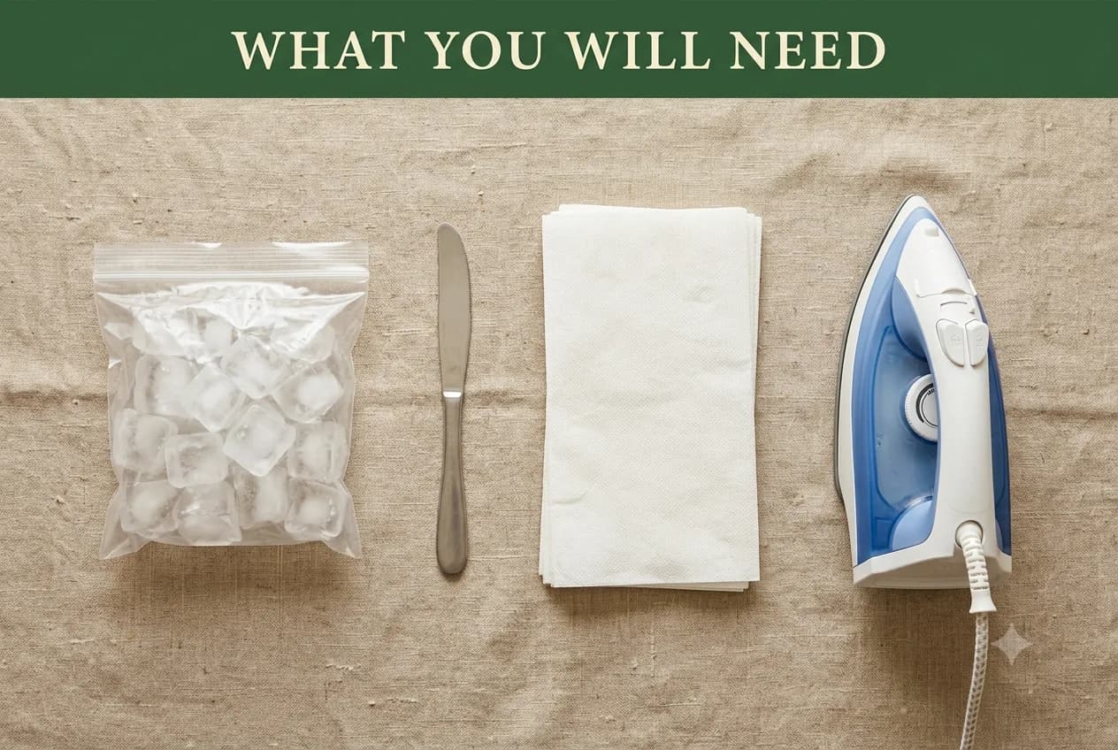 A bag of ice, a dull butter knife, a stack of white paper towels and a clothes iron on natural linen