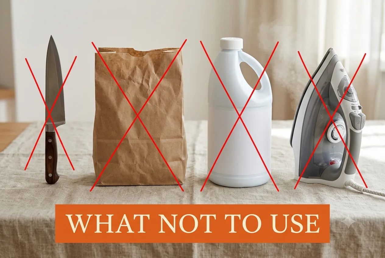 A kitchen knife, a paper bag, a bleach jug and a high-steam iron marked with red X on linen
