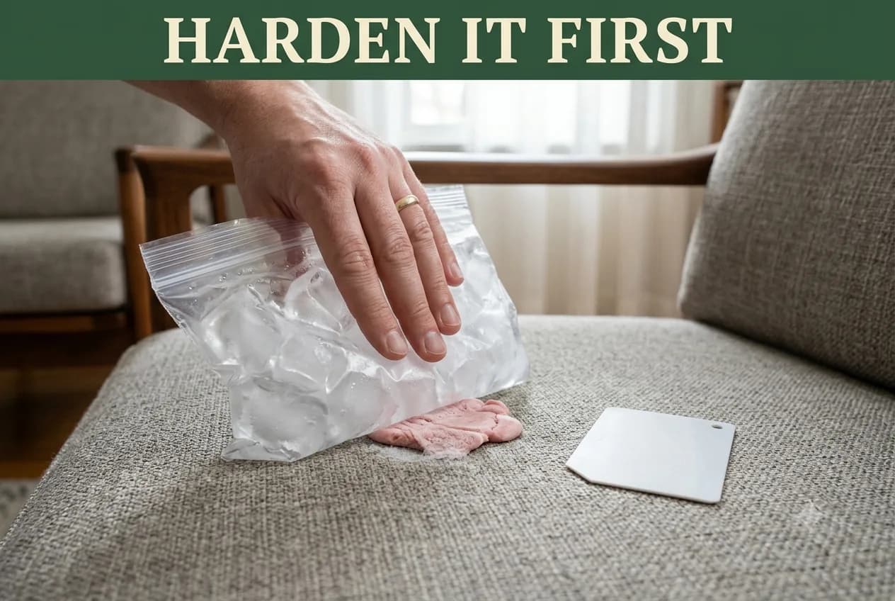 A hand pressing a sealed bag of ice against a wad of gum on grey woven upholstery until it turns stiff and frosted
