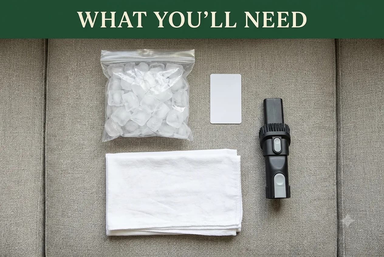 A sealed bag of ice, a white plastic card, folded white cloths and a vacuum upholstery nozzle on a grey cushion