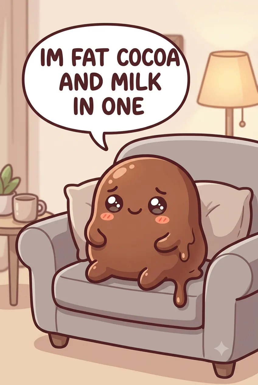 A cute cartoon melty chocolate character sitting on a grey sofa cushion in a chibi living room