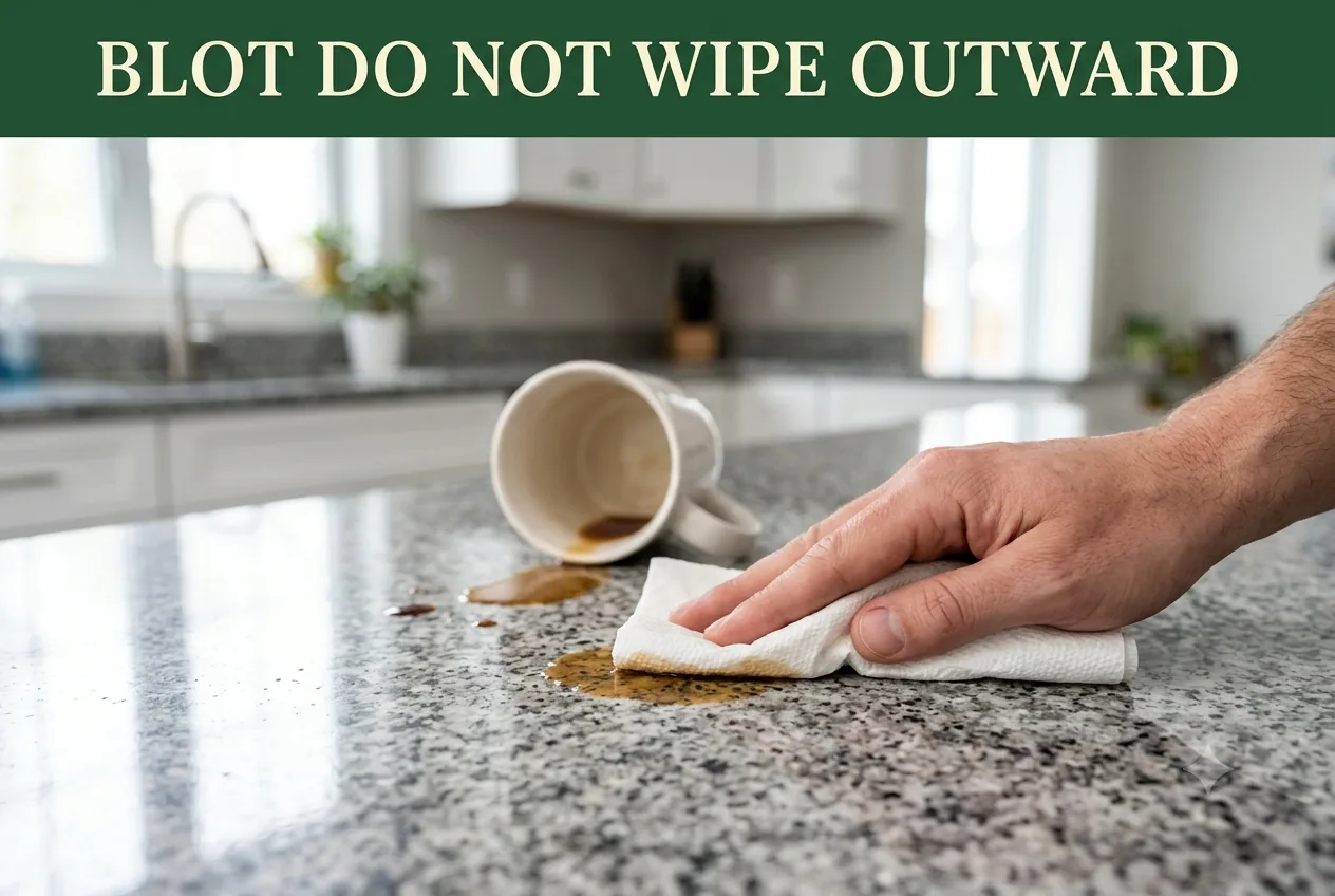 A hand blotting a coffee spill on polished grey granite with white paper towels, a tipped mug behind