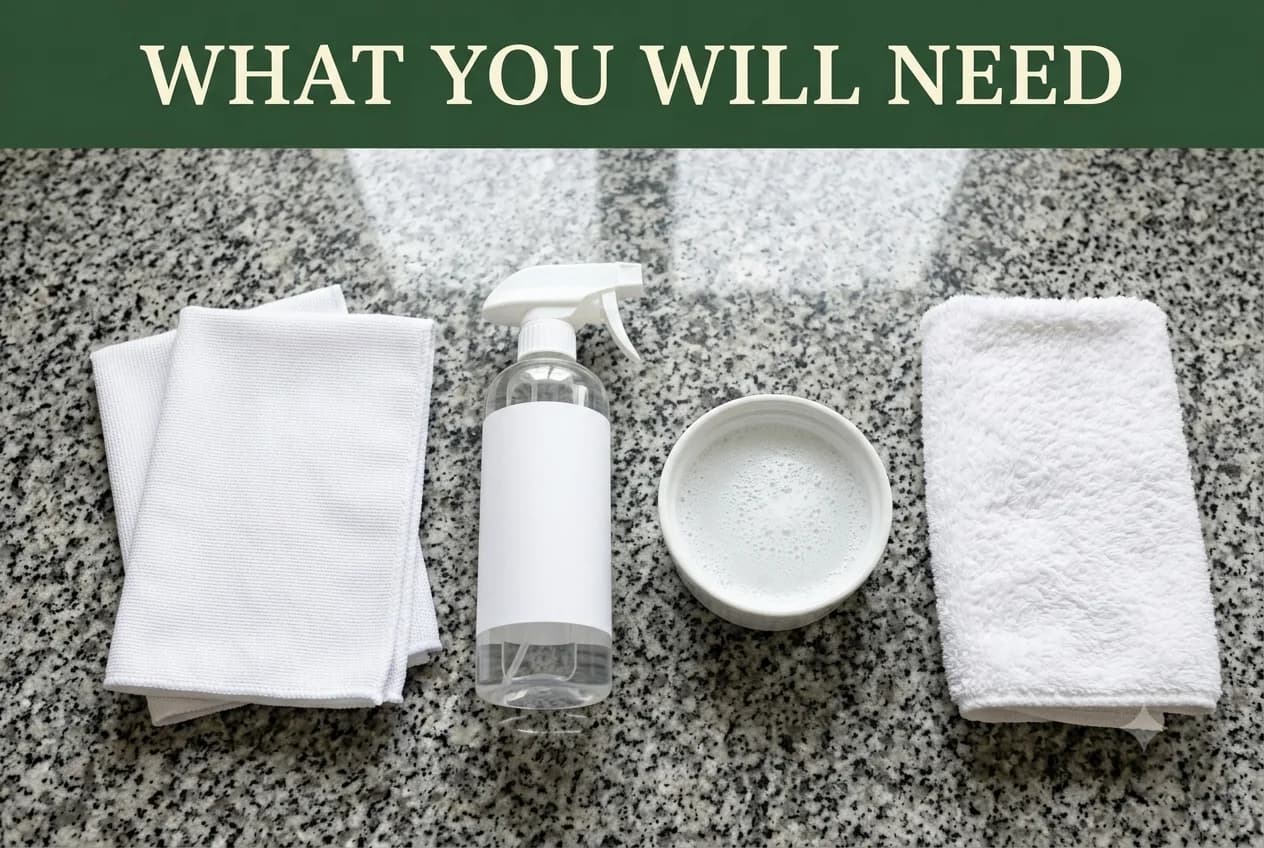 Microfiber cloths, a spray bottle of pH-neutral stone cleaner, a dish of soapy water and a towel on granite