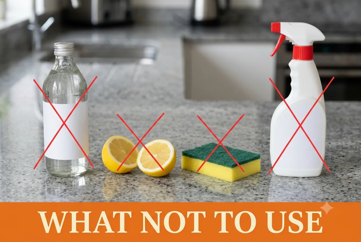 A vinegar bottle, a cut lemon, an abrasive scouring pad and a descaler bottle marked with red X