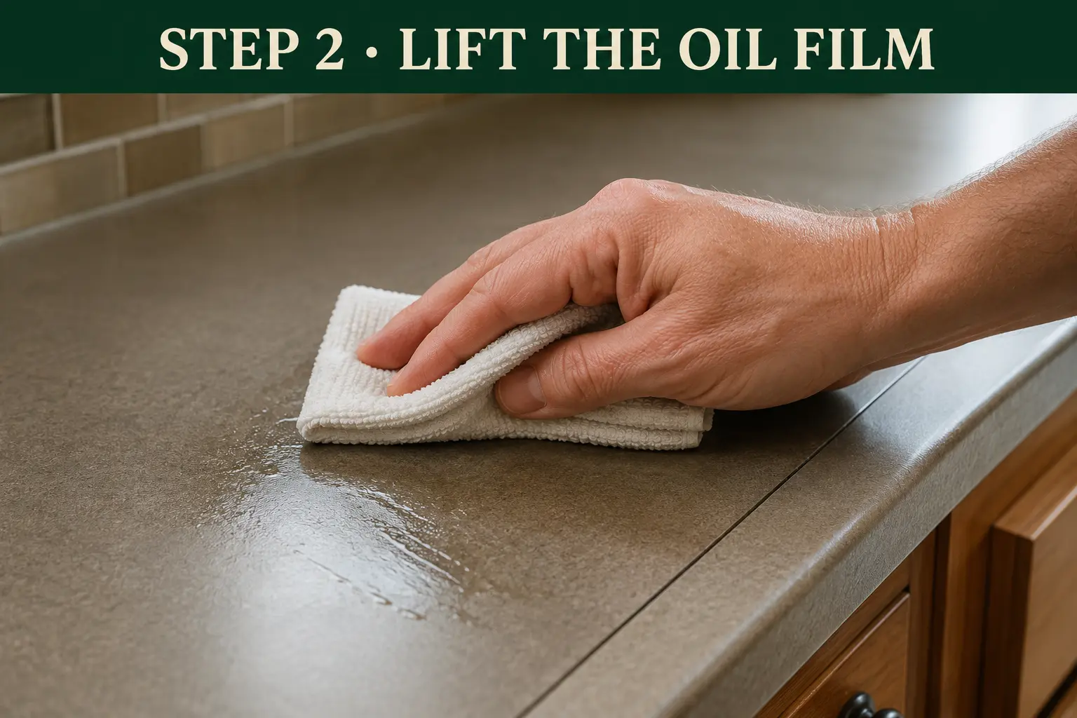 An adult hand lifting a thin oil film from laminate with a folded white cloth