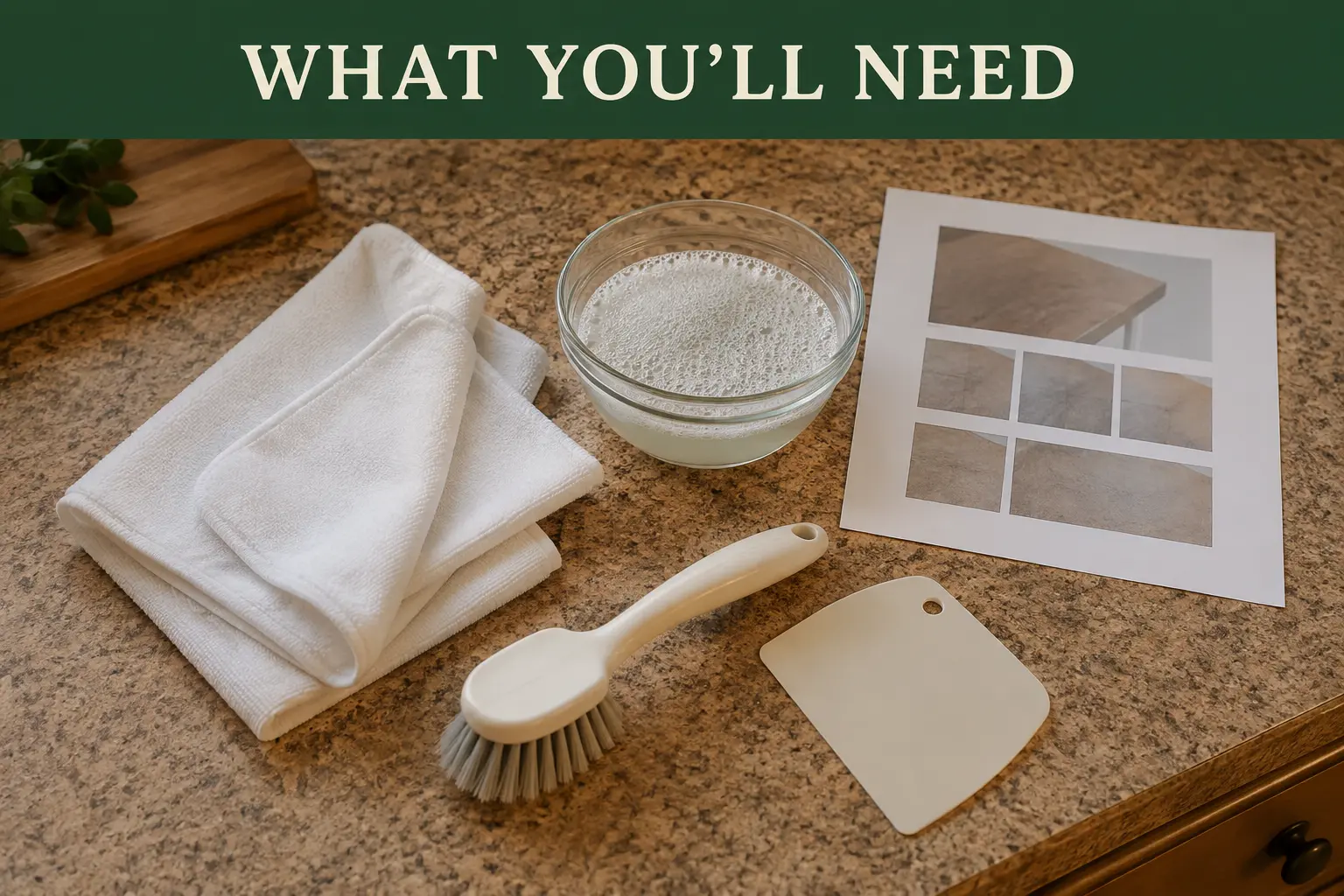 White cloths, mild soap, a soft brush, and a plastic scraper arranged on a laminate counter