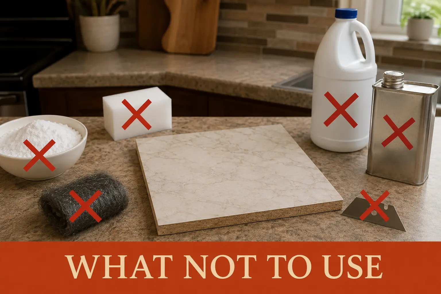 Abrasive and harsh cleaning tools marked as unsafe beside a laminate sample