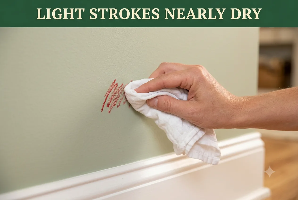 A hand wiping a red crayon mark on a pale painted wall with a nearly-dry white cloth