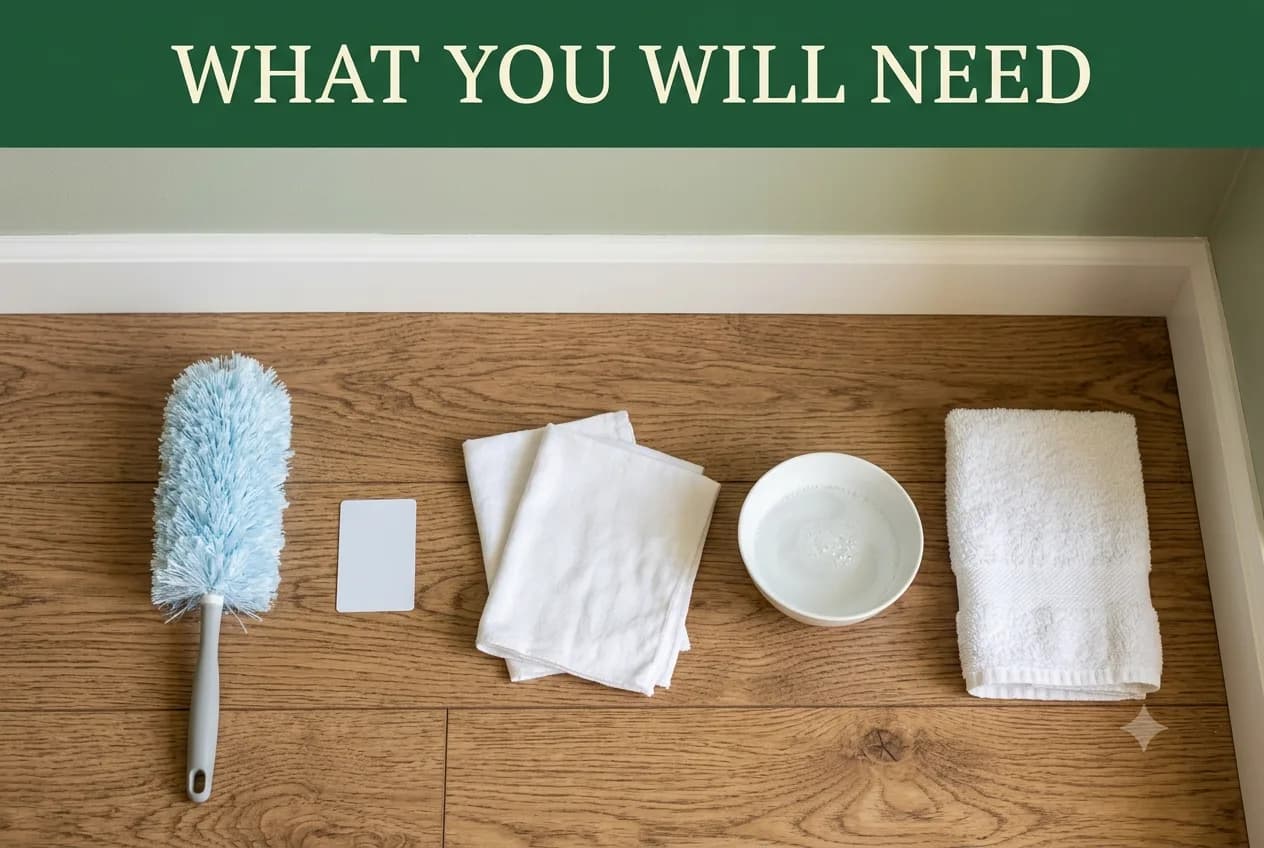 A duster, a plastic card, soft cloths, a bowl of soapy water and a towel beside a painted wall
