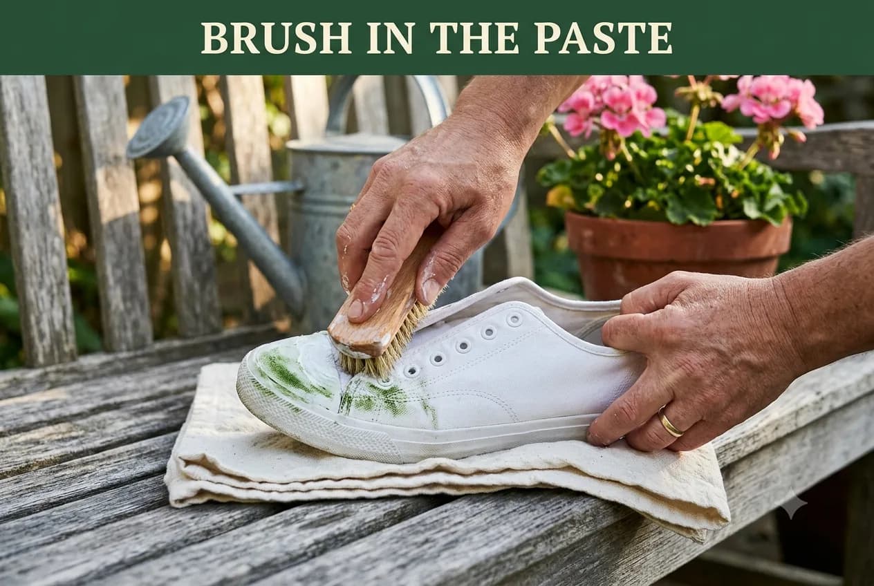 Hands using a wooden brush to work white paste into a green grass smudge on the toe of a white canvas sneaker on a porch bench