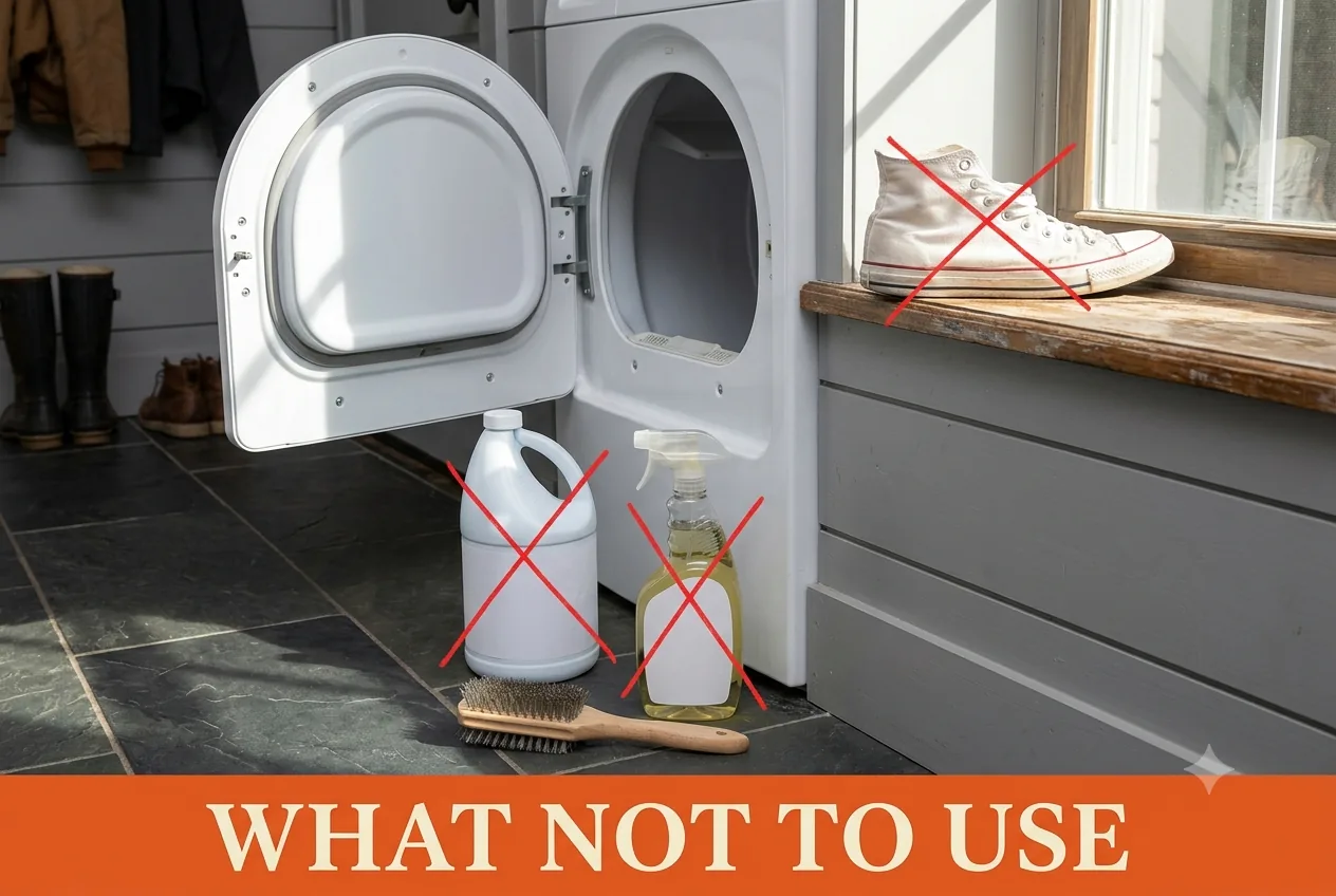 A chlorine bleach jug, an all-purpose spray, a wire brush and a canvas shoe in direct sun marked with red X