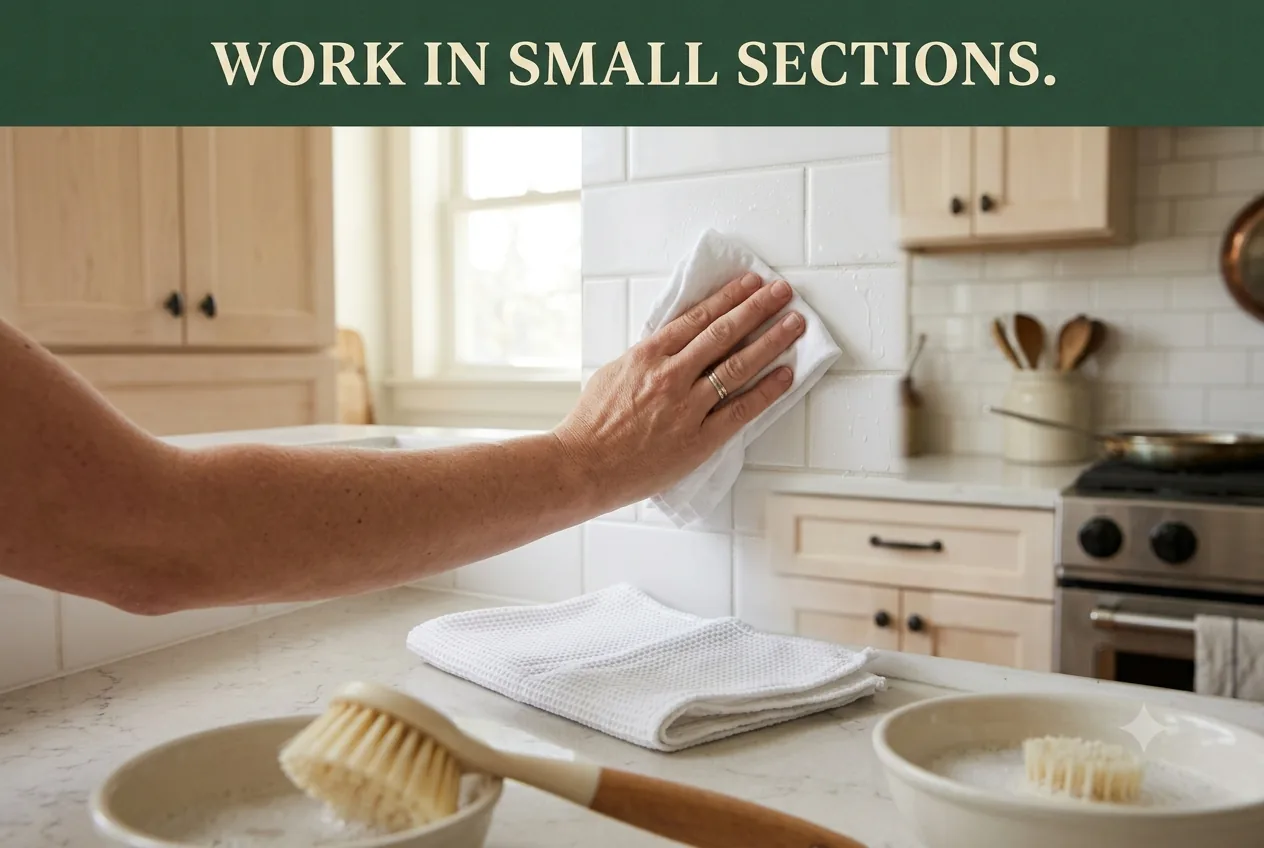 A hand wiping a small section of white subway-tile backsplash with a folded white cloth