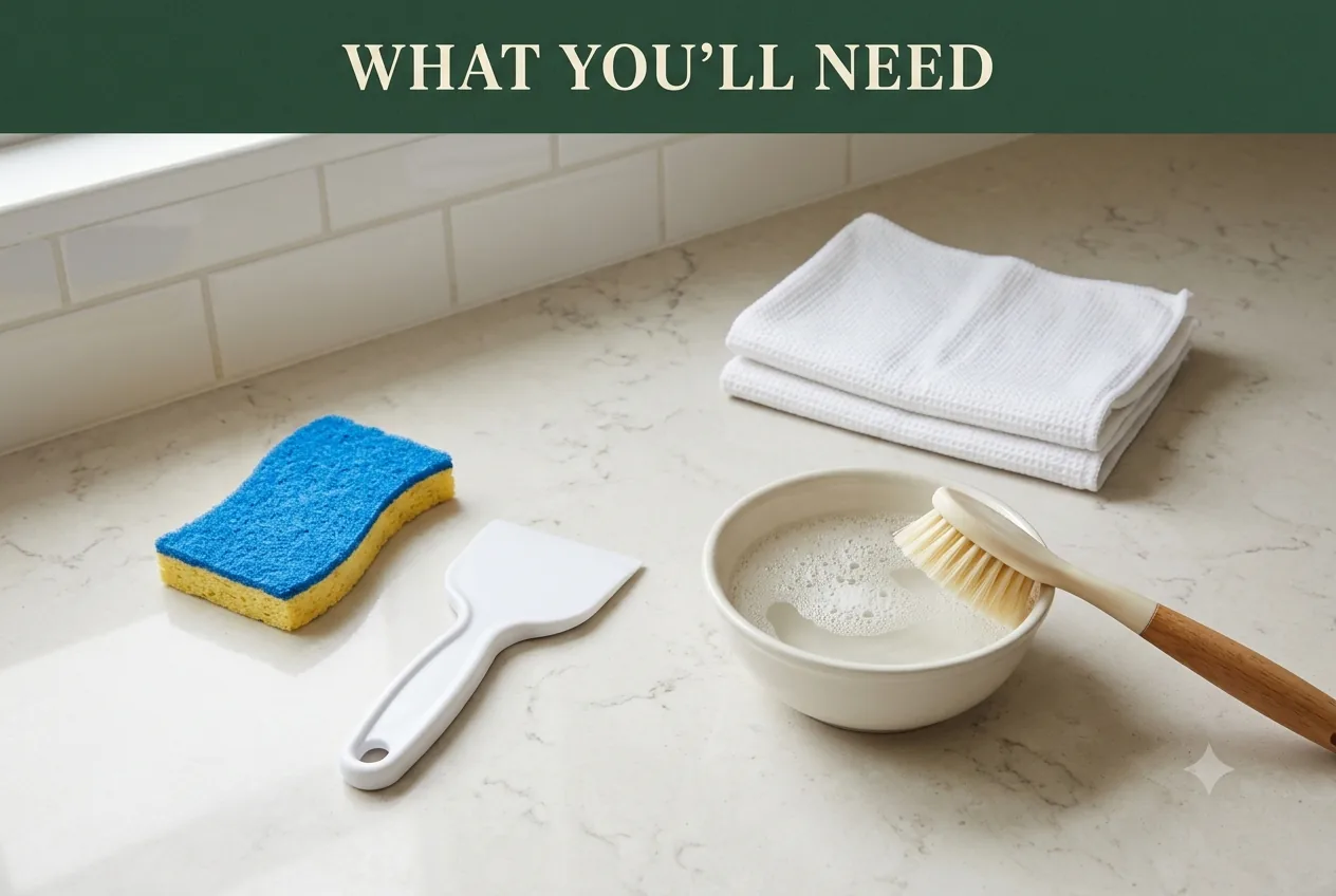 White cloths, a non-abrasive sponge, a bowl of soapy water, a soft nylon brush and a plastic scraper on a counter