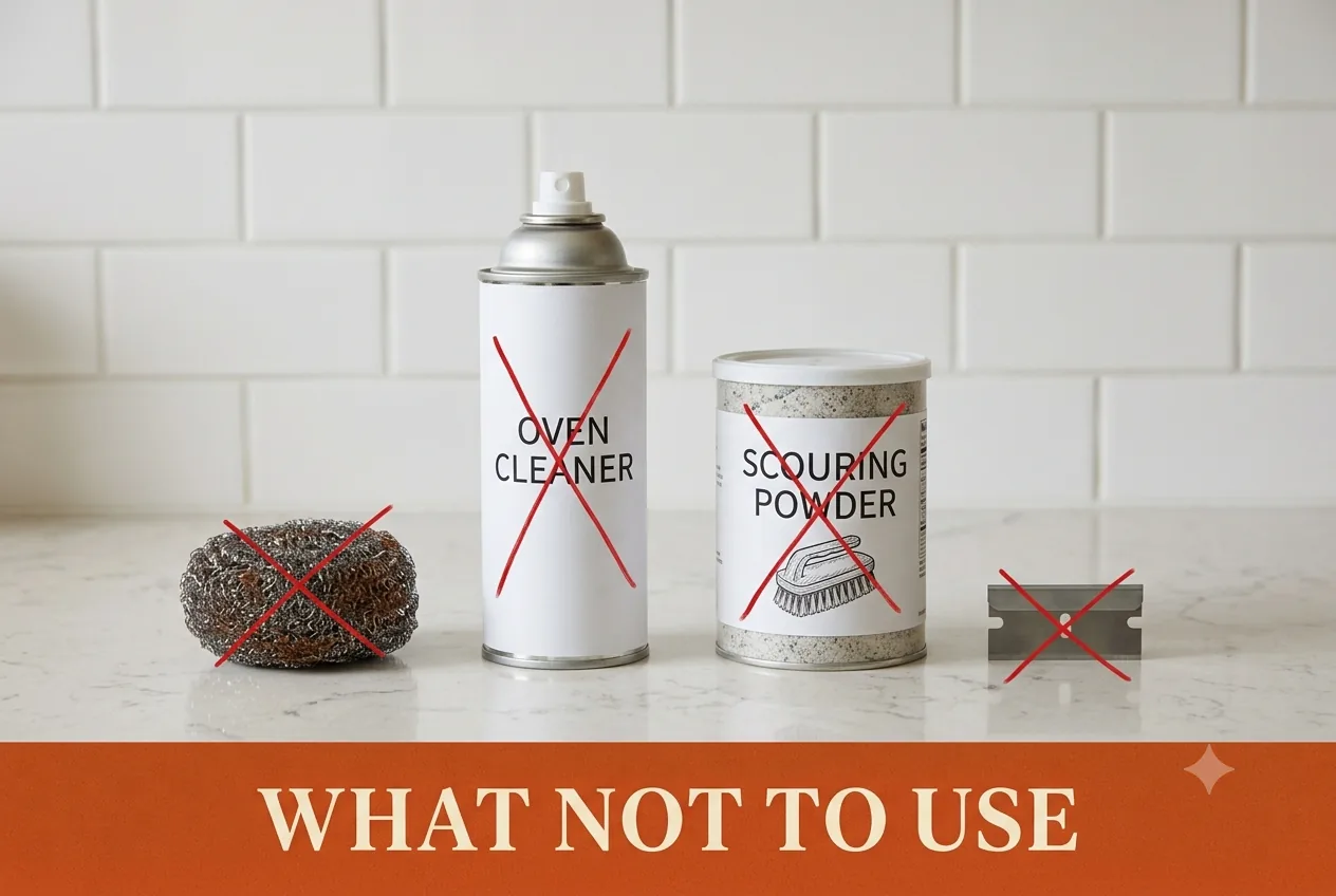 Steel wool, oven cleaner, scouring powder and a razor blade marked with red X