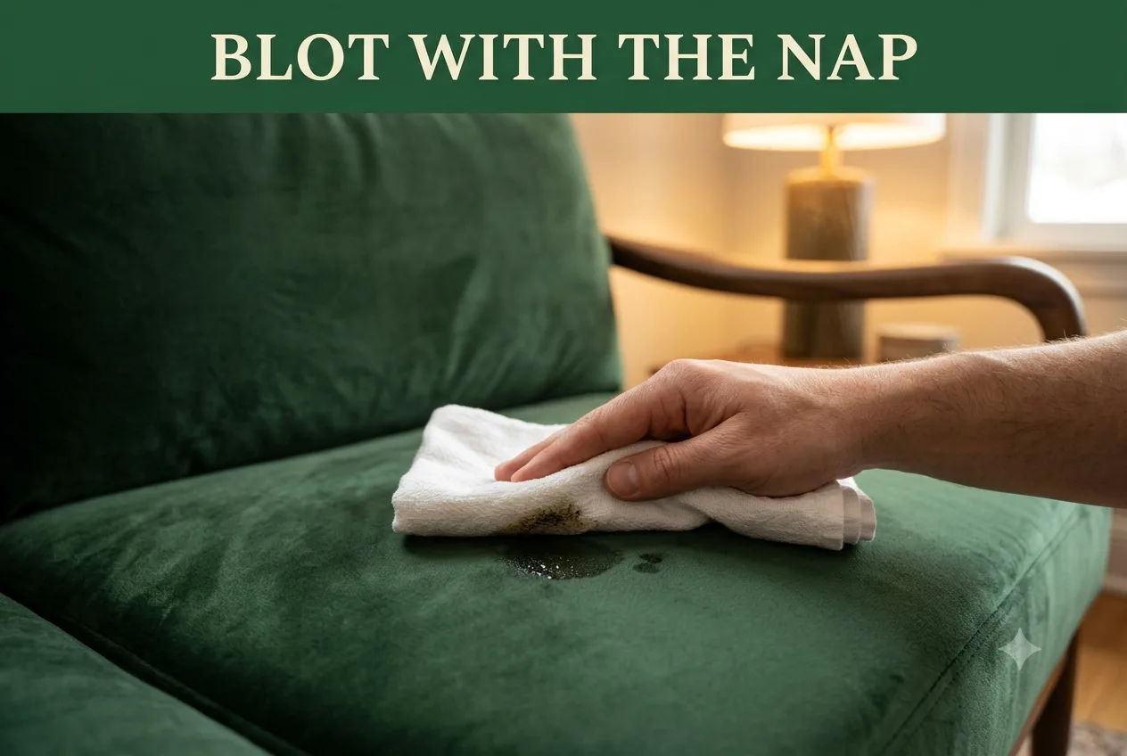 A hand blotting a grease spot on green velvet upholstery with a folded white towel