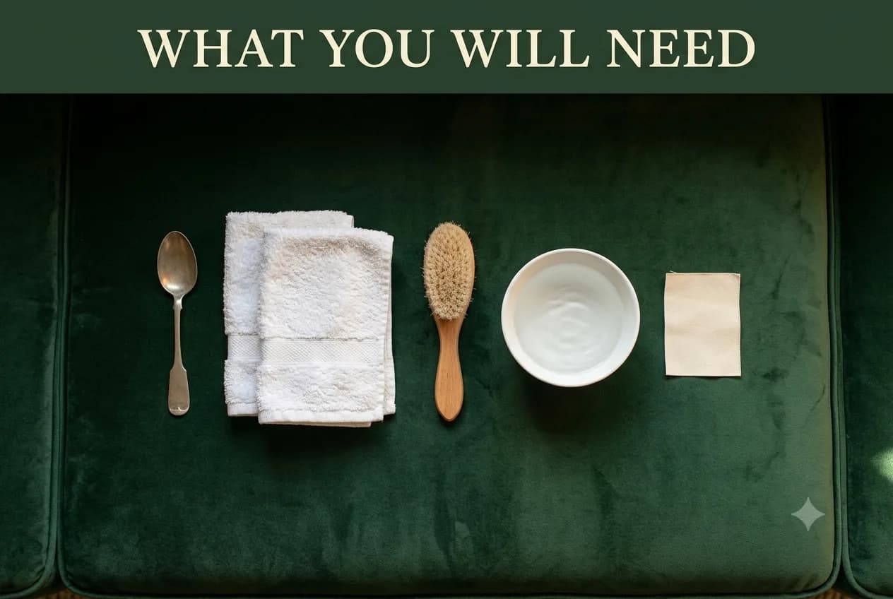 A spoon, folded towels, a soft brush, a bowl of water and a fabric care tag on forest-green velvet