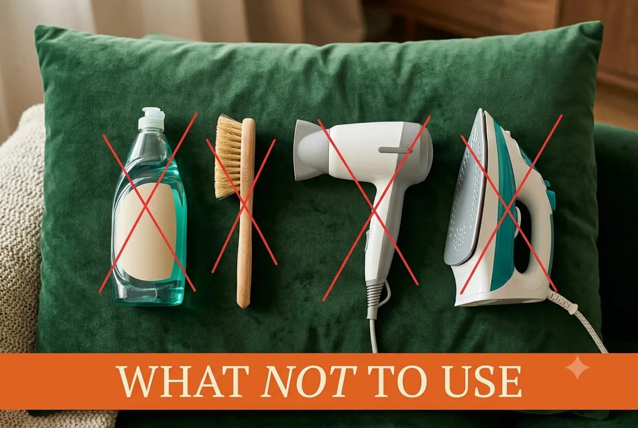 Dish soap, a scrub brush, a hair dryer and a clothes iron marked with red X on a velvet cushion