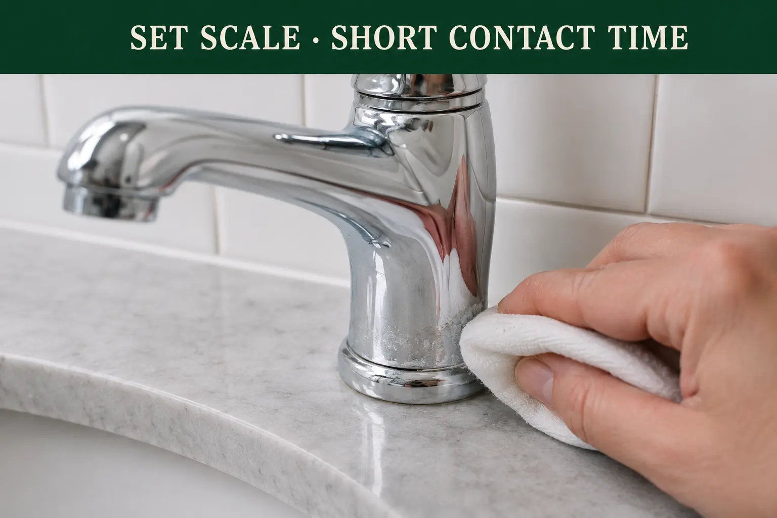 A soft white cloth held briefly against scale at the base of a chrome faucet