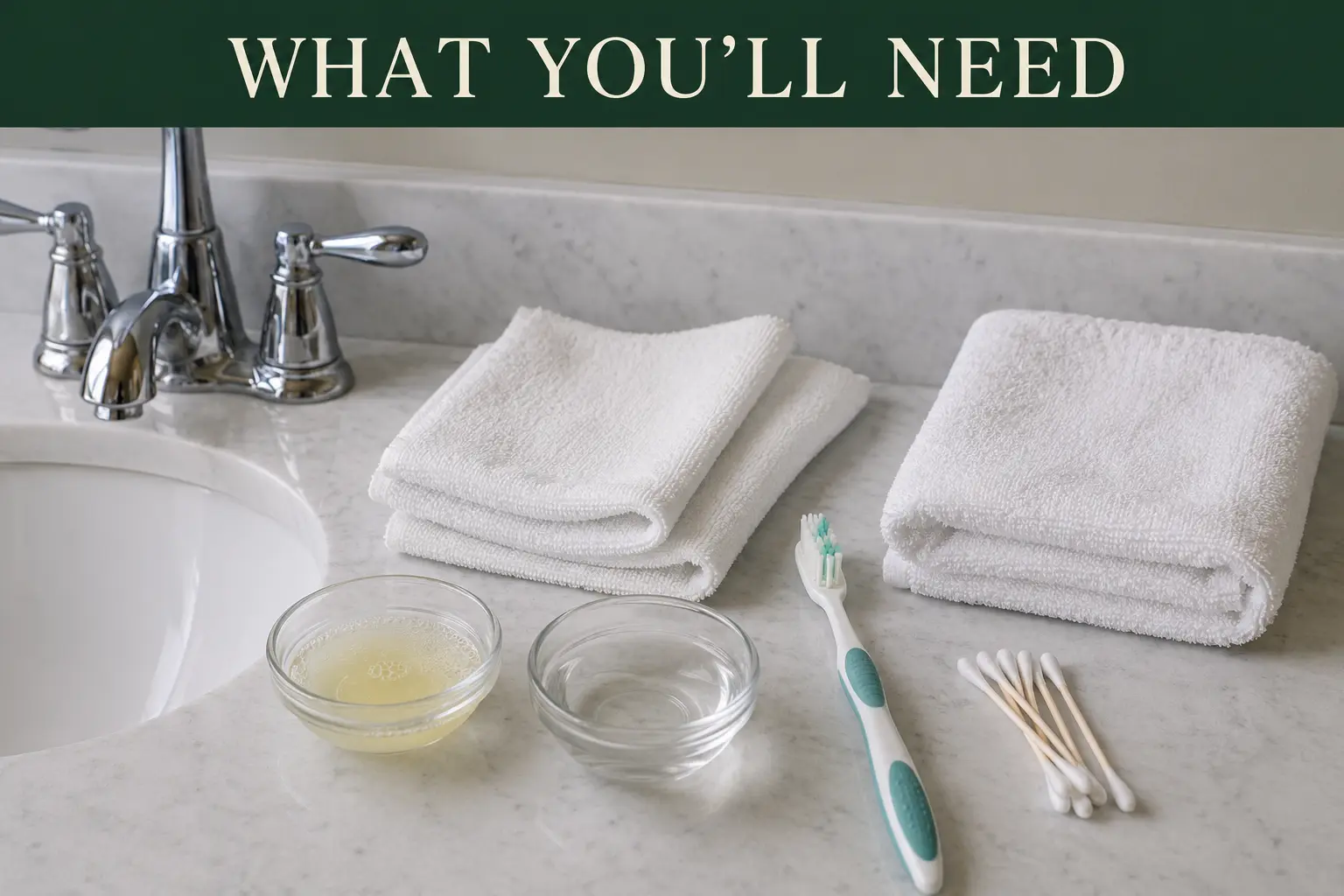 Soft white cloths, a toothbrush, cotton swabs, mild soap, and small bowls beside a chrome faucet
