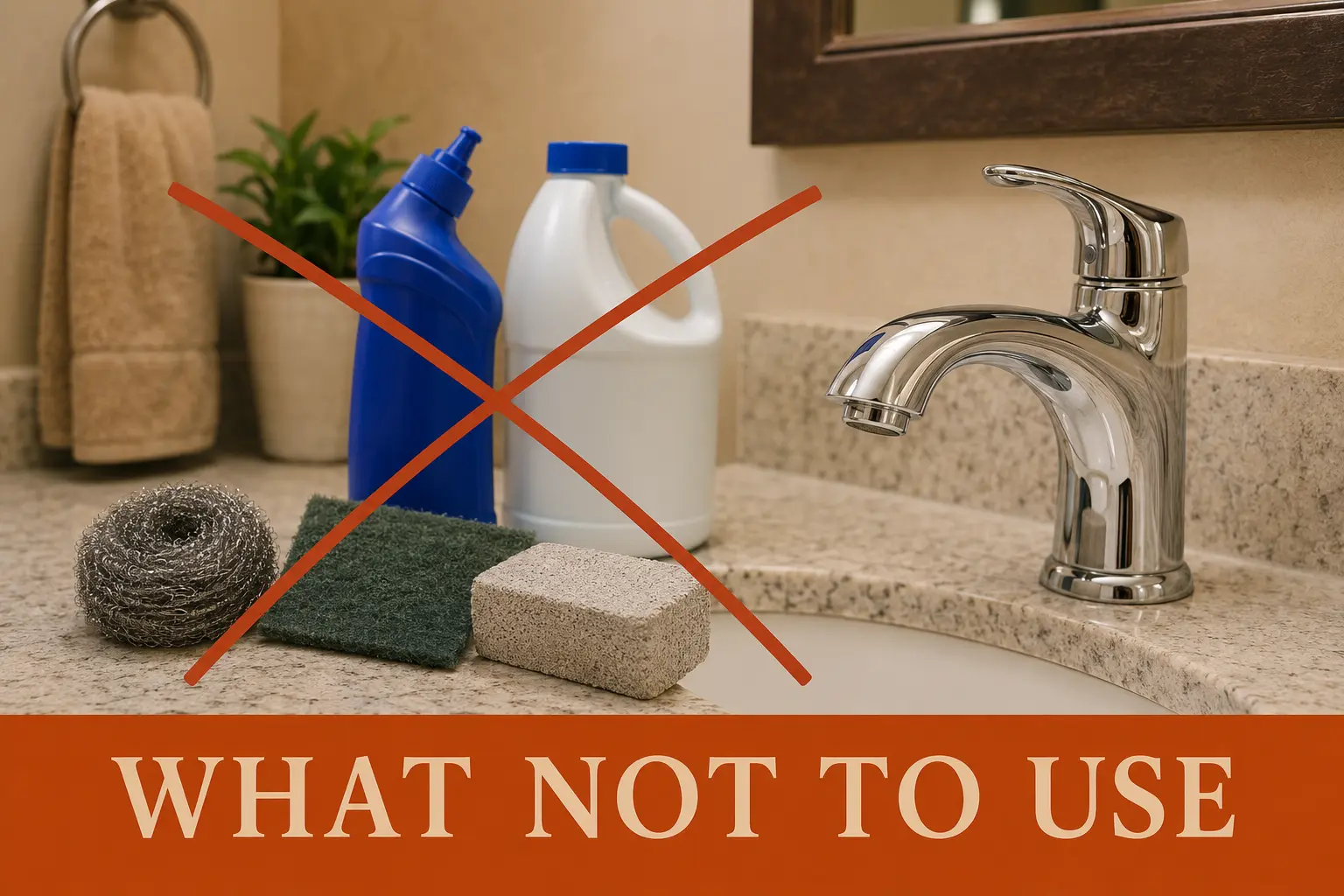 Bleach, harsh cleaners, steel wool, and abrasive pads marked as unsafe near a chrome faucet