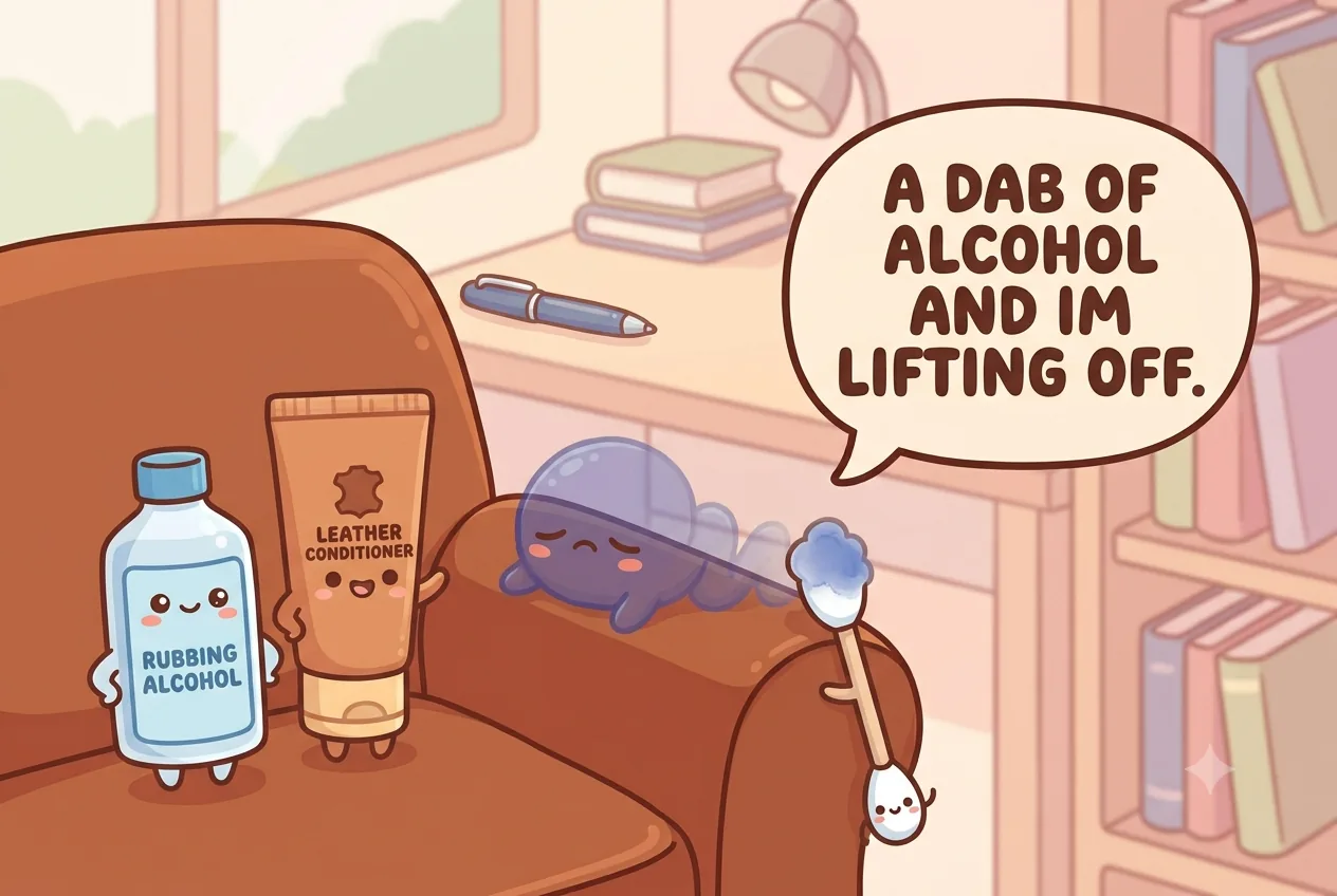The ink character fading onto a cotton swab beside a cheerful cartoon bottle of rubbing alcohol and a tube of conditioner