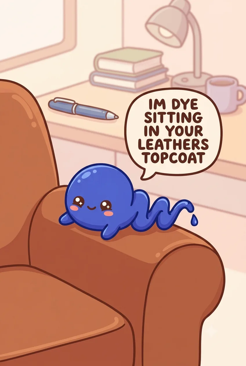 A cute cartoon blue ink-scribble character on a brown leather sofa arm in a chibi study