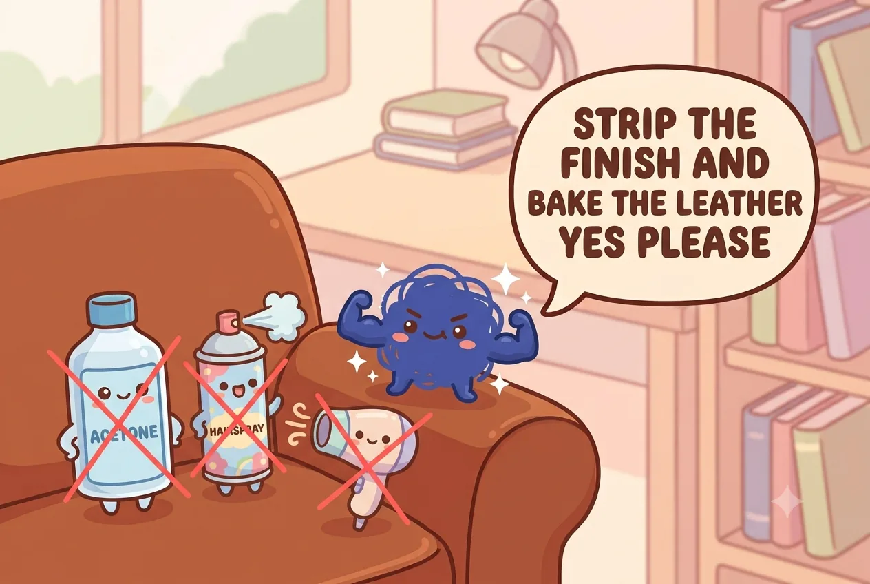 The ink character looking smug next to a crossed-out bottle of acetone, an aerosol hairspray can, and a hair dryer
