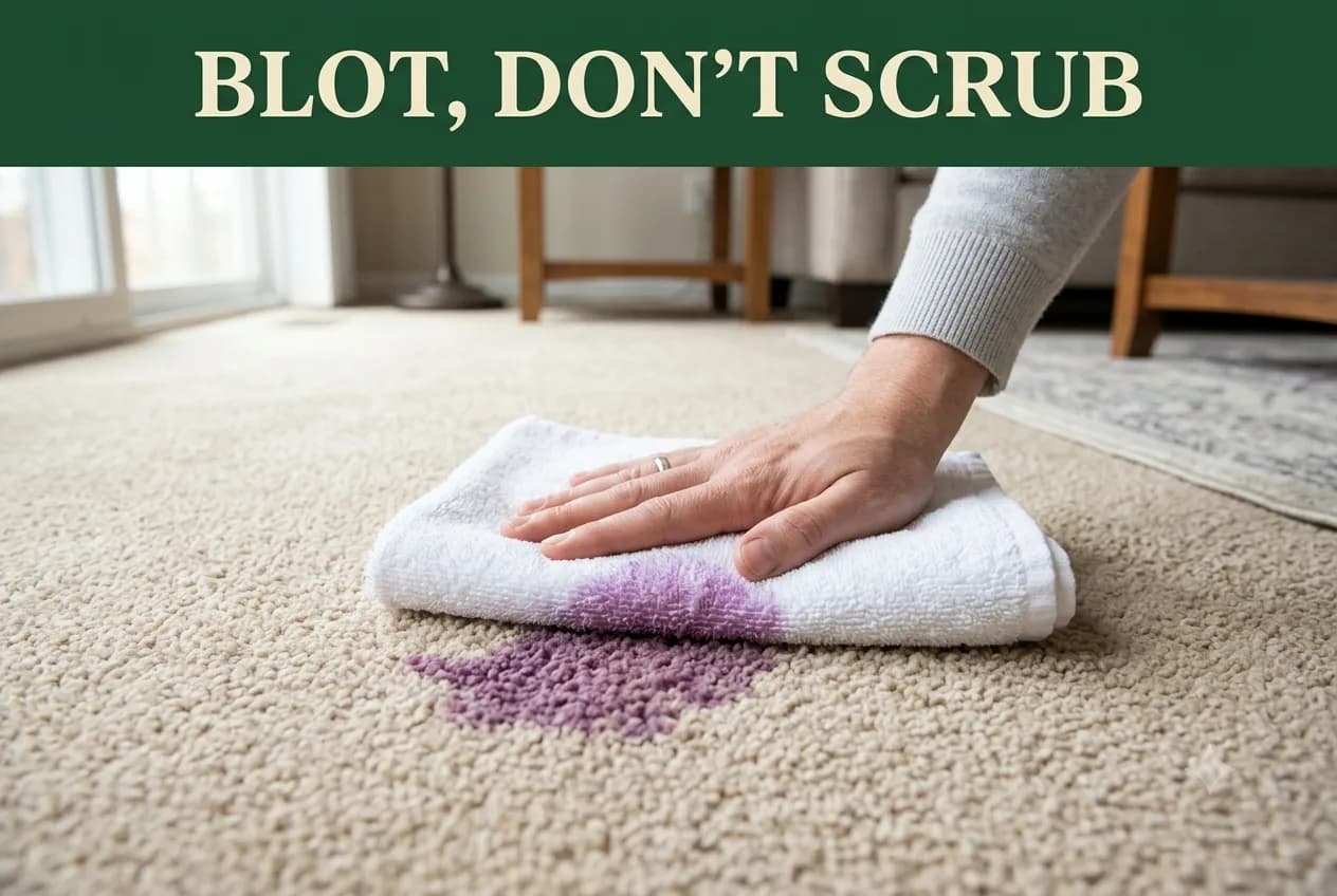 A hand blotting a purple juice spot on beige carpet with a folded white towel that shows transferred color