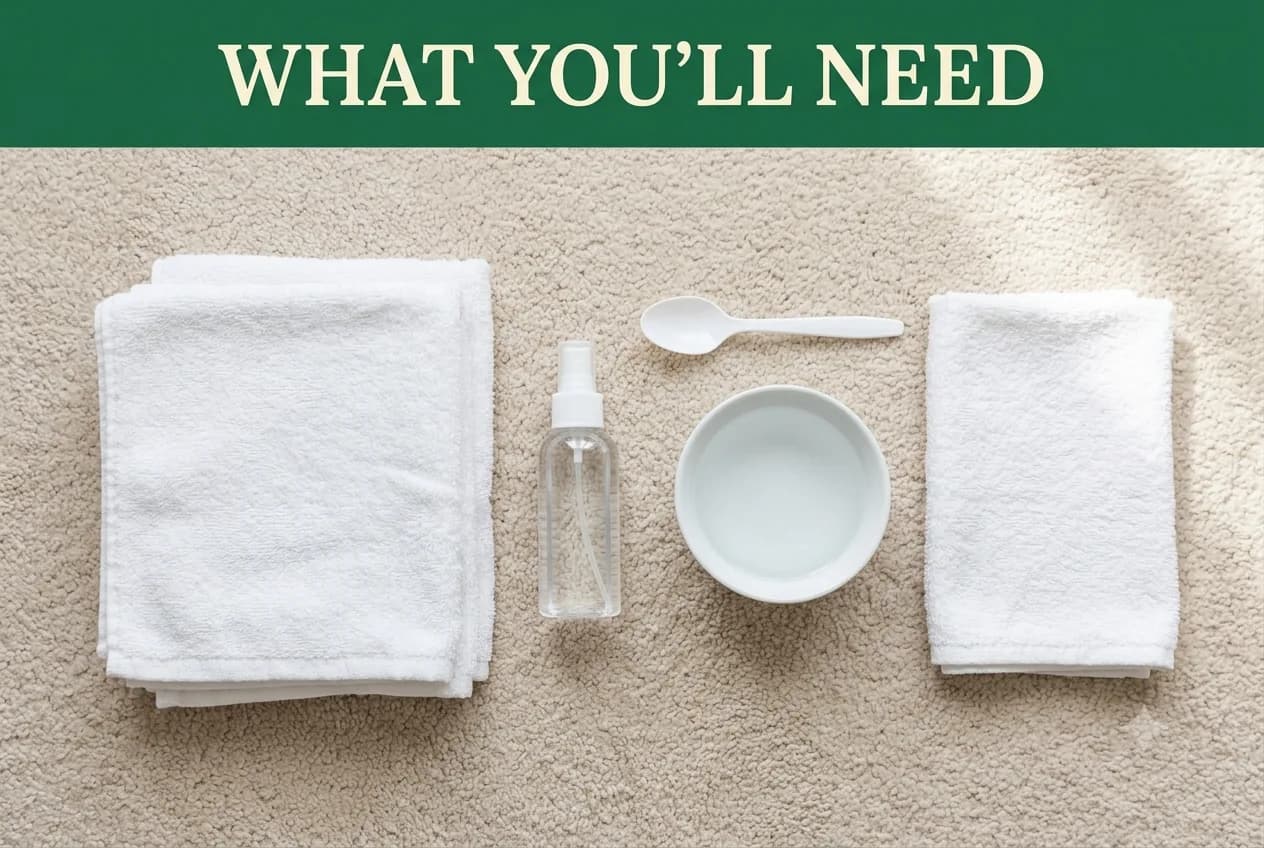 A stack of white towels, a spray bottle of water, a white spoon and a shallow bowl on pale carpet