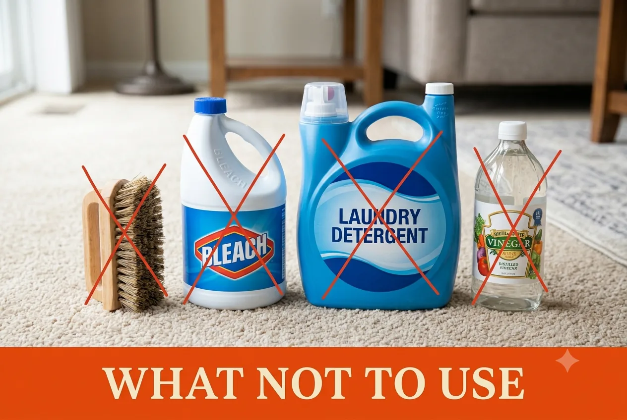 A scrub brush, chlorine bleach, laundry detergent and vinegar marked with red X