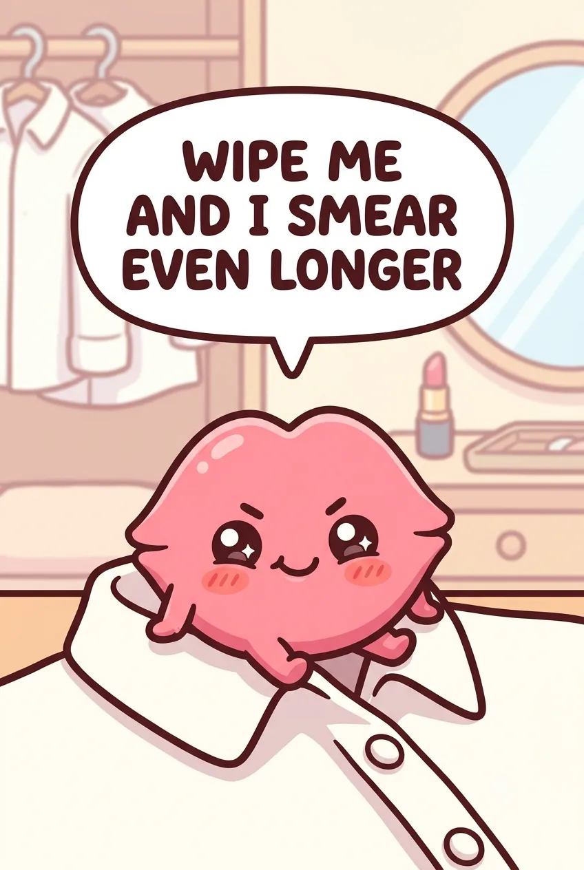 A cute cartoon pink lipstick-smudge character on a white shirt collar in a chibi bedroom