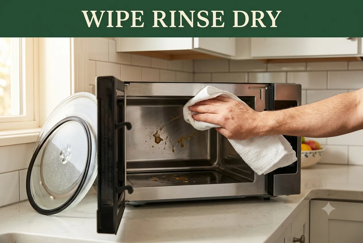 A hand wiping the cavity wall of a microwave with a damp cloth, the glass turntable removed and leaning on the counter