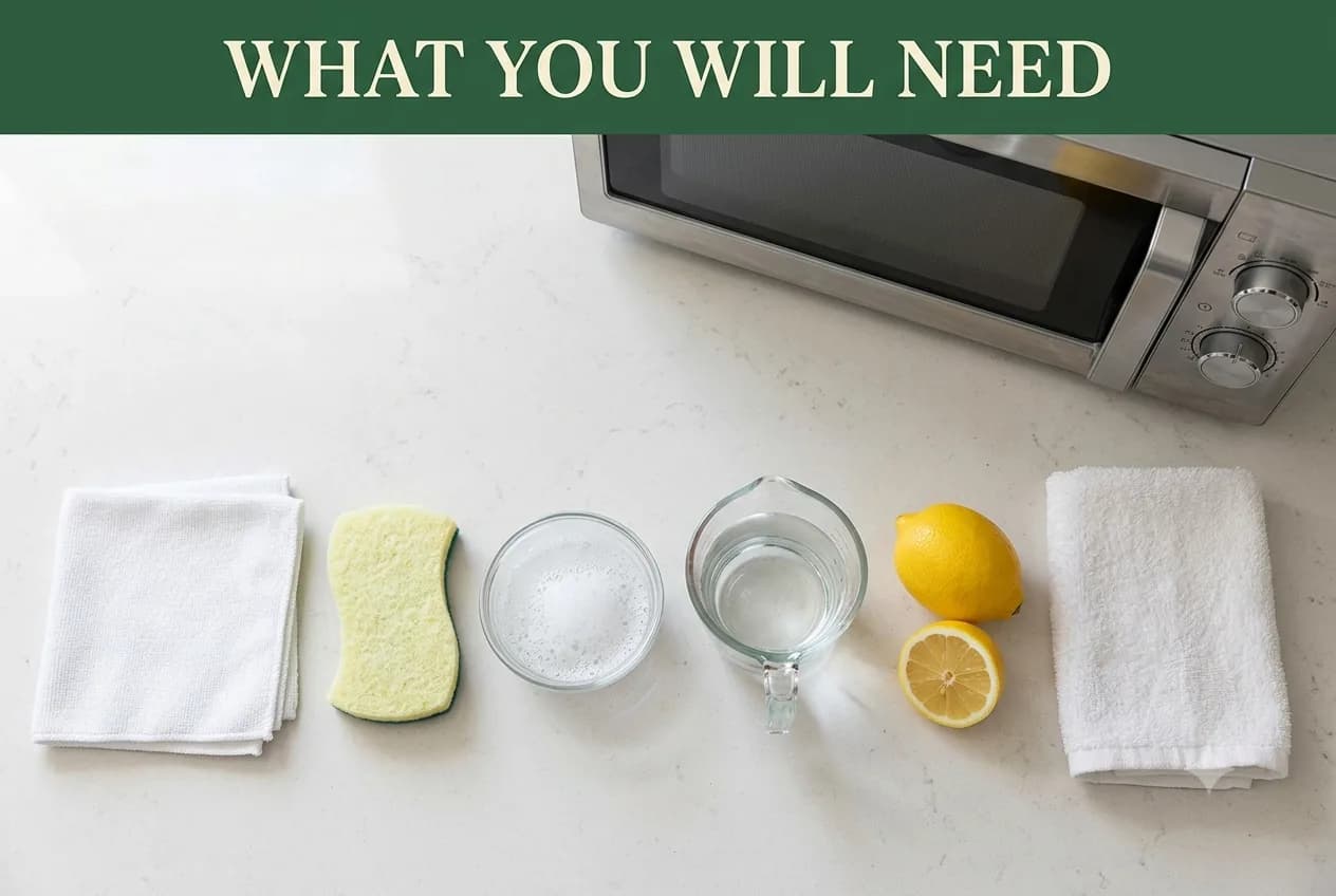 Microfiber cloths, a soft sponge, a bowl of soapy water, a glass measuring cup, lemons and a dry towel on a counter
