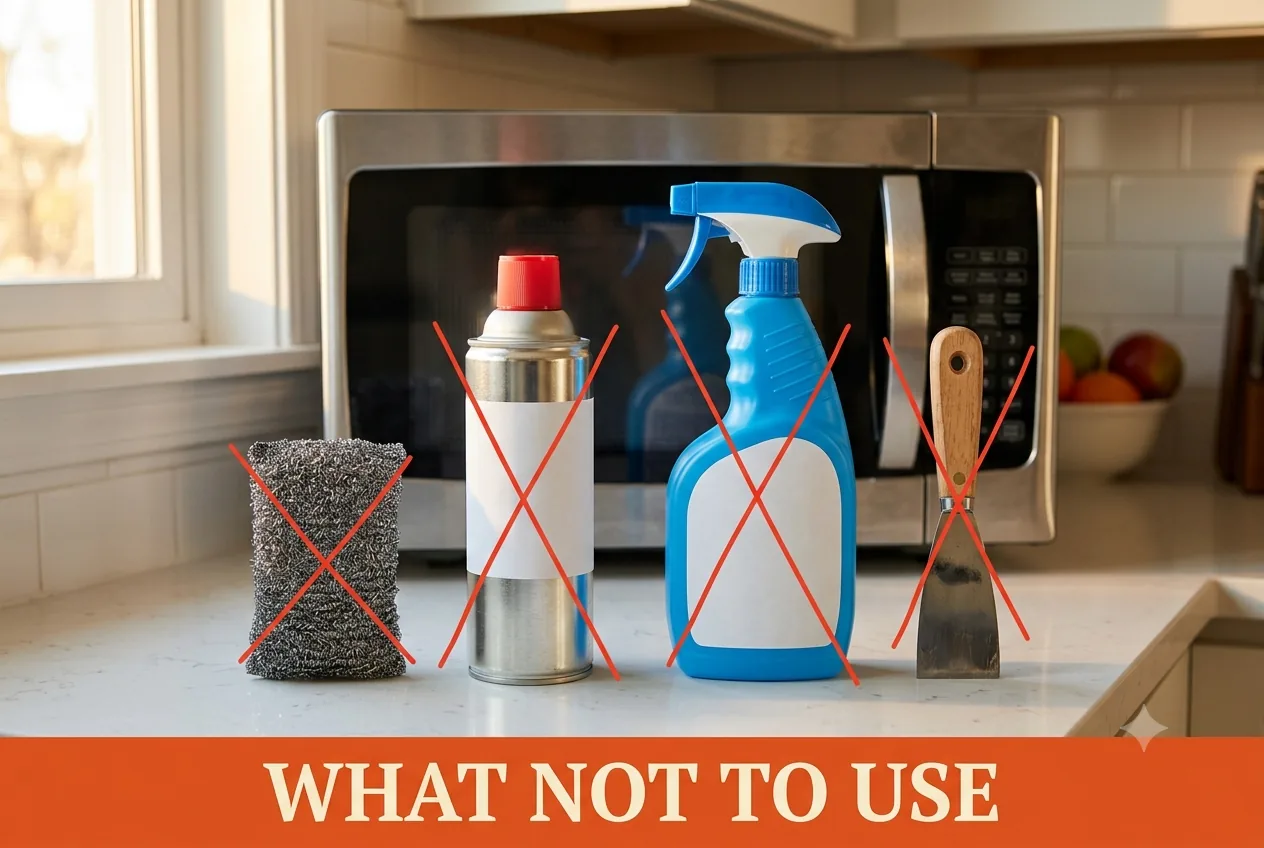 Steel wool, an aerosol oven cleaner, an ammonia spray bottle and a metal scraper marked with red X