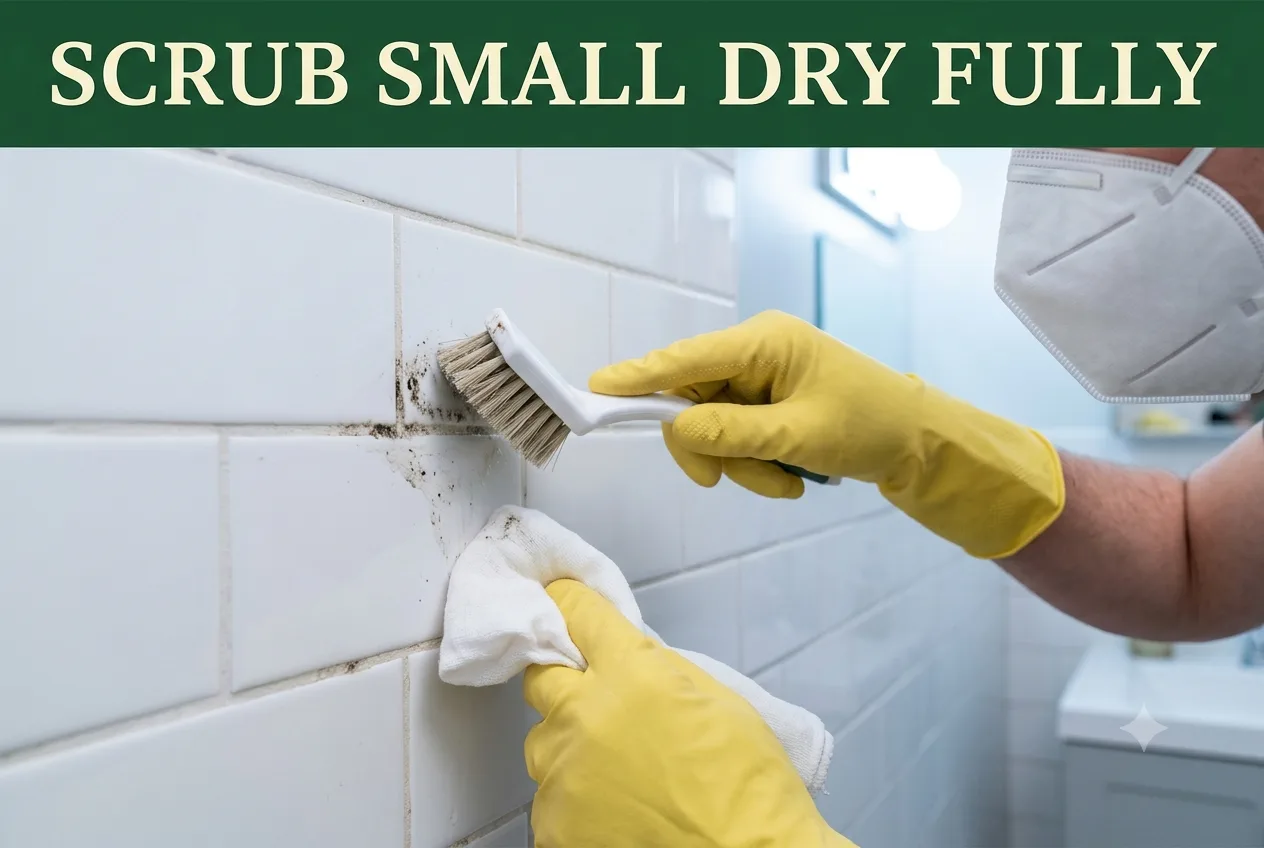 A gloved hand scrubbing mold from grout lines between white subway tiles with a small stiff brush