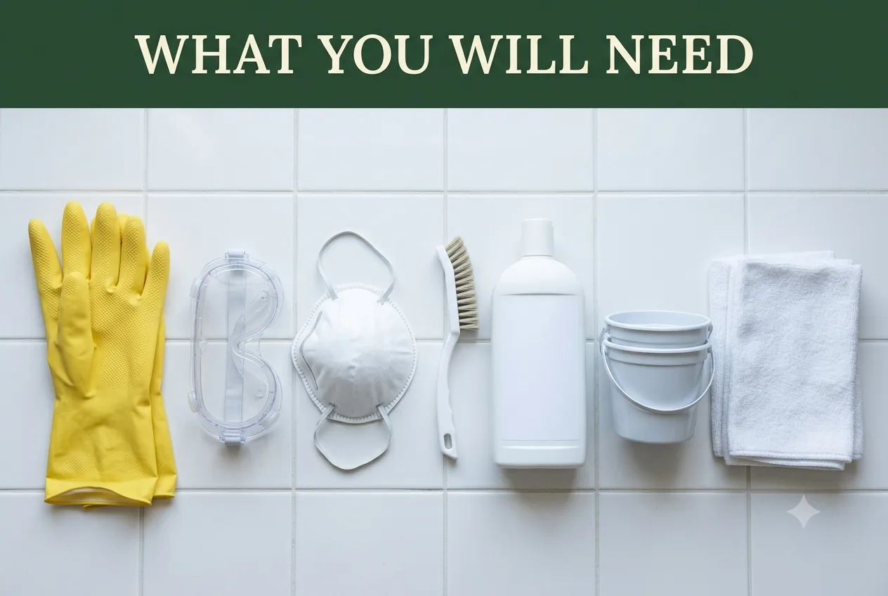 Rubber gloves, goggles, an N95 respirator, a grout brush, detergent, buckets and cloths on bathroom tile