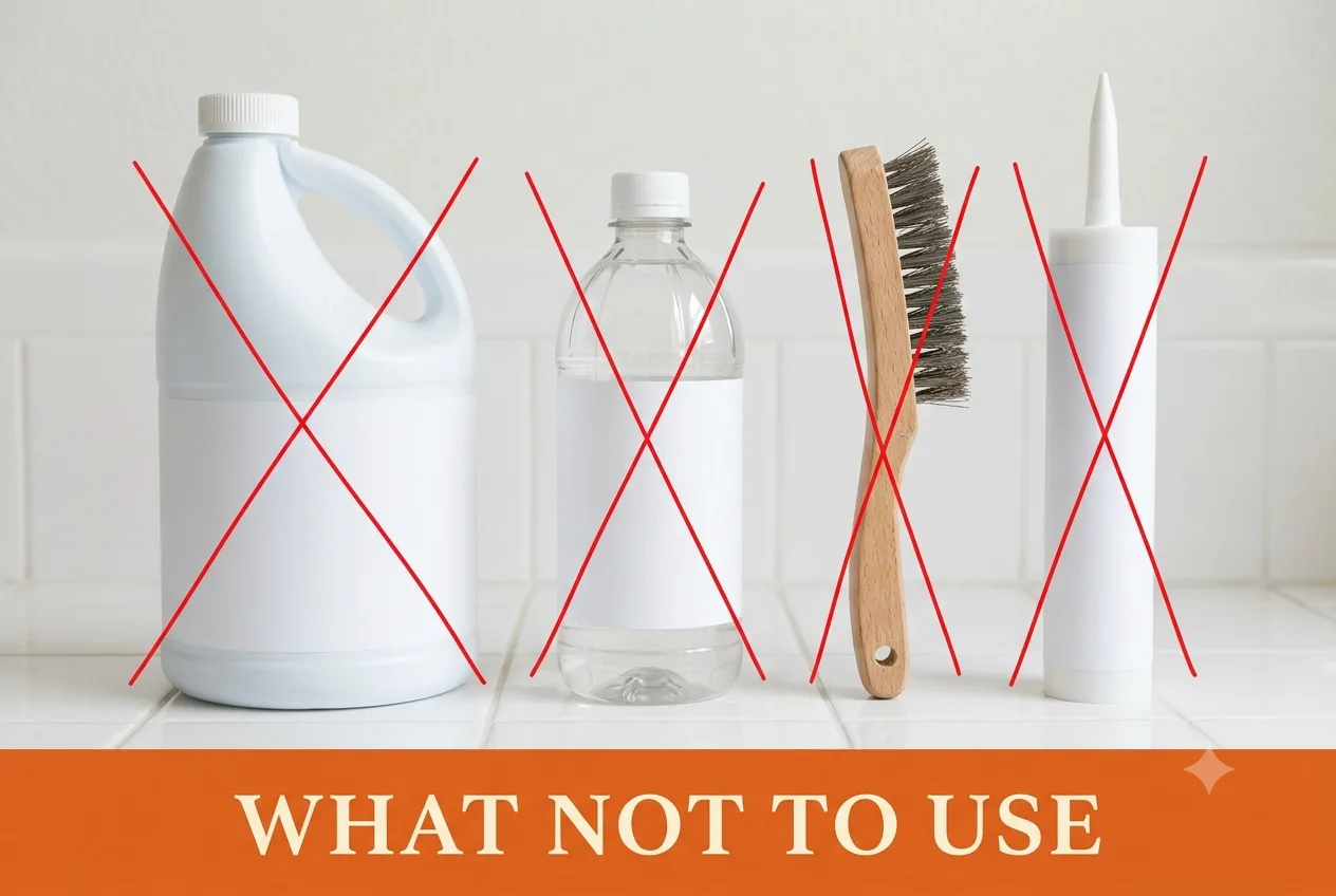 Chlorine bleach, vinegar, a wire brush and bathroom caulk marked with red X on tile