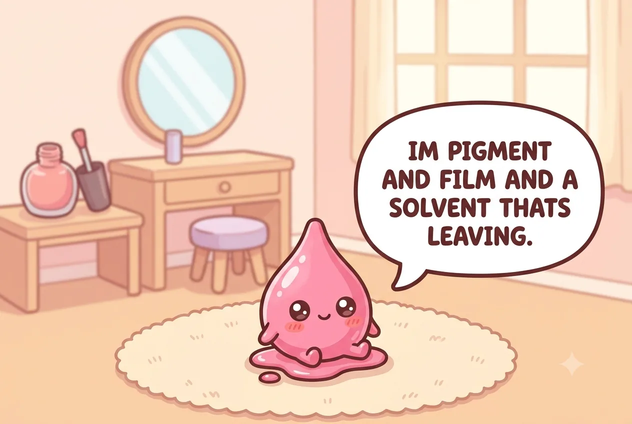 The cartoon nail-polish character explaining it is pigment, film-former, and fast-drying solvent