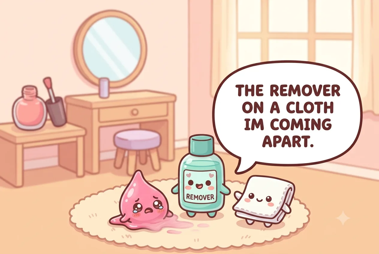 The nail-polish character shrinking onto a white cloth beside a cheerful cartoon remover bottle