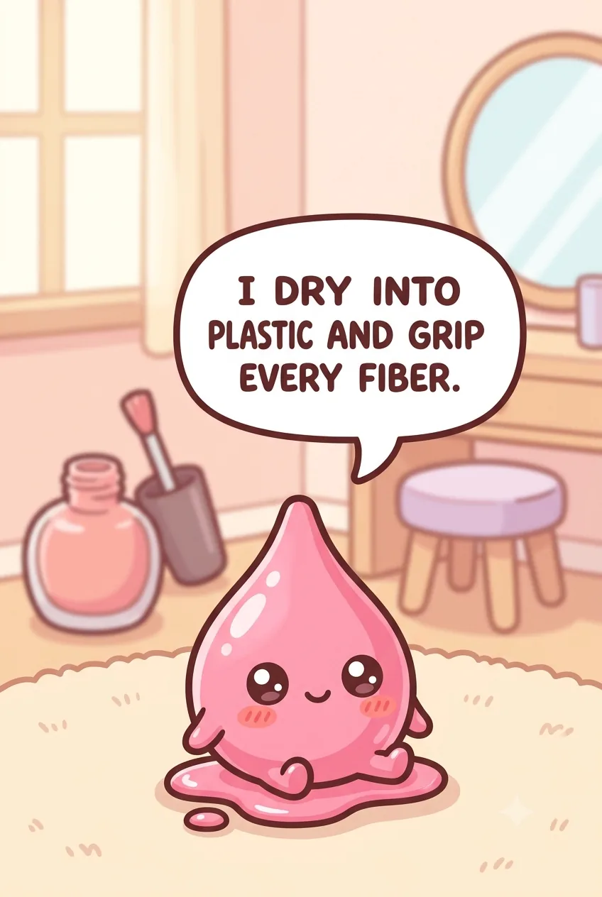 A cute cartoon glossy nail-polish drop character sitting on a beige carpet in a chibi bedroom