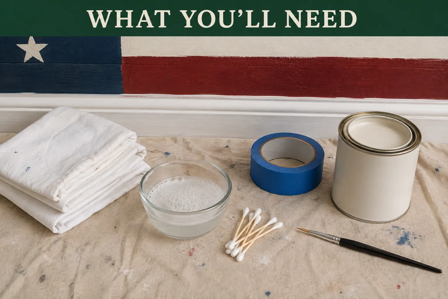 White cloths, cotton swabs, painter tape, mild soap, and touch-up supplies beside a painted wall