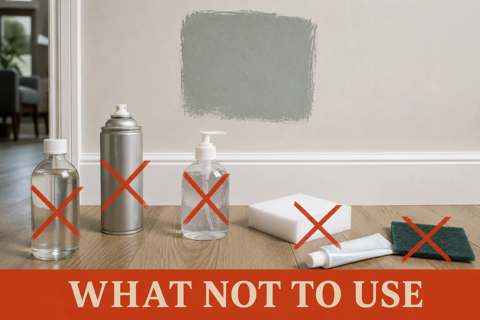 Solvents and abrasive cleaning tools marked as unsafe beside a painted wall sample