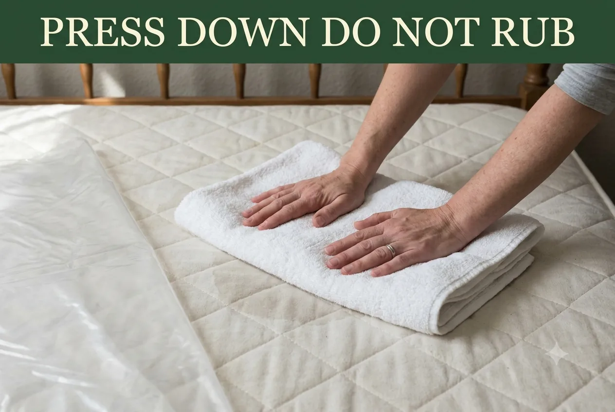 Two hands pressing a folded white towel straight down onto a damp patch on a bare quilted mattress