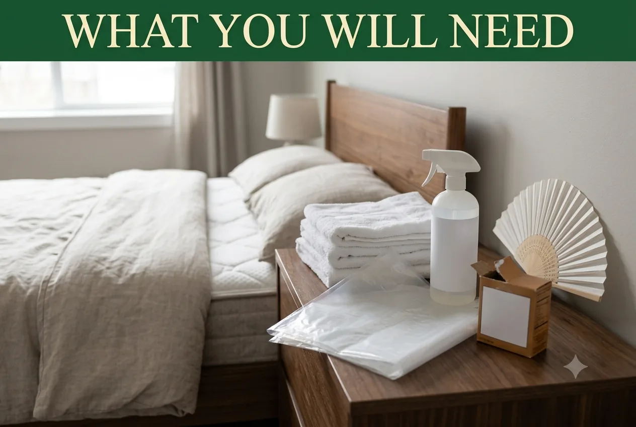 White towels, an enzymatic pet cleaner spray, a folded plastic sheet, baking soda and a small fan on a bedside table