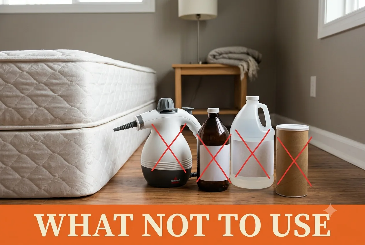 A steam cleaner, a bottle of ammonia, a jug of vinegar and a canister of scented carpet powder marked with red X