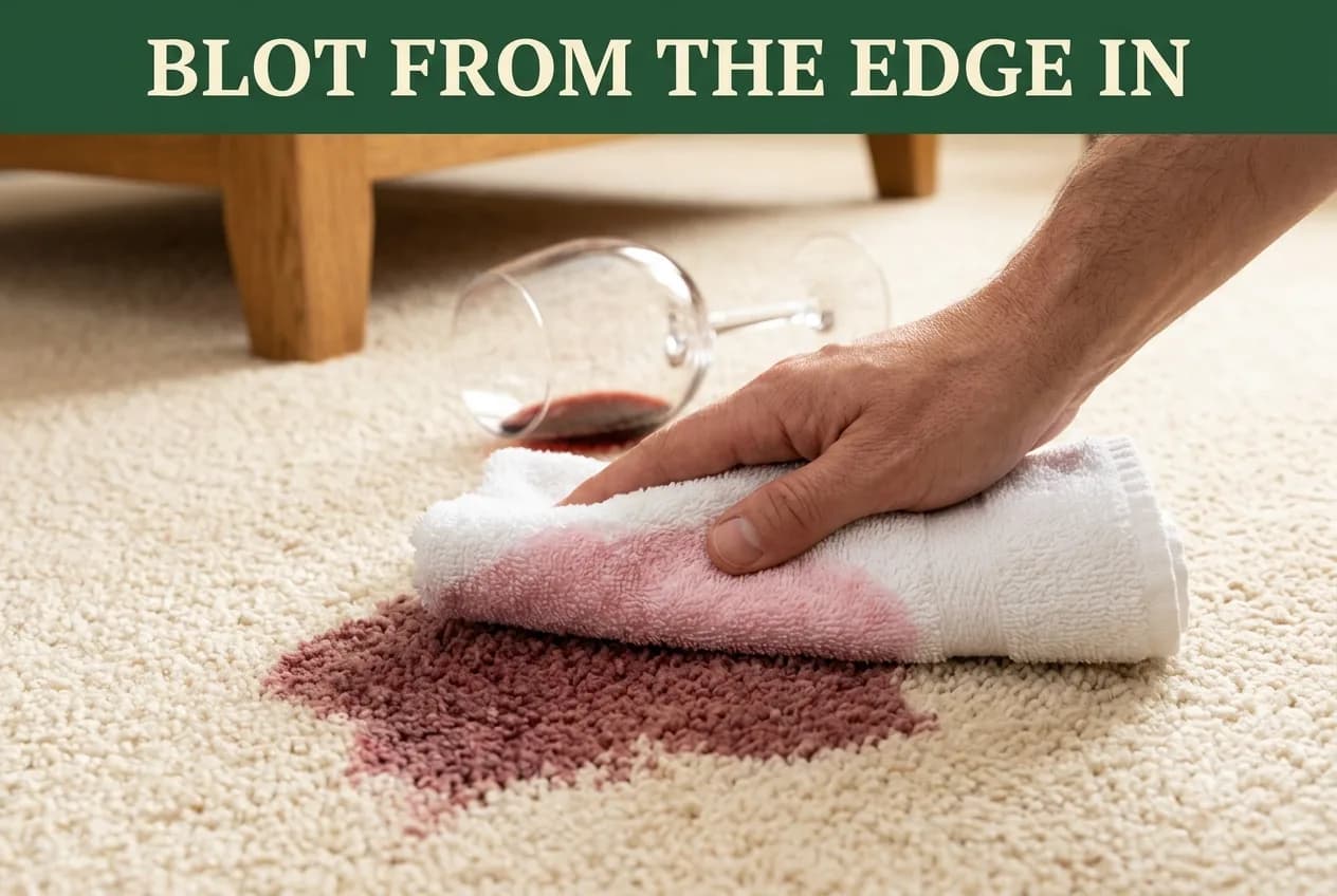 A hand blotting a red wine stain in cream wool carpet with a folded white towel showing pink transfer