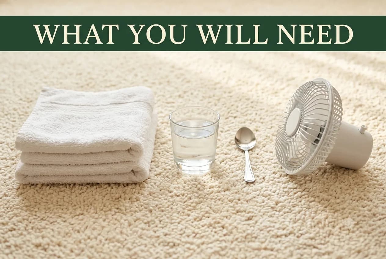 Folded white cotton towels, a glass of cool water, a teaspoon and a small fan on cream wool carpet