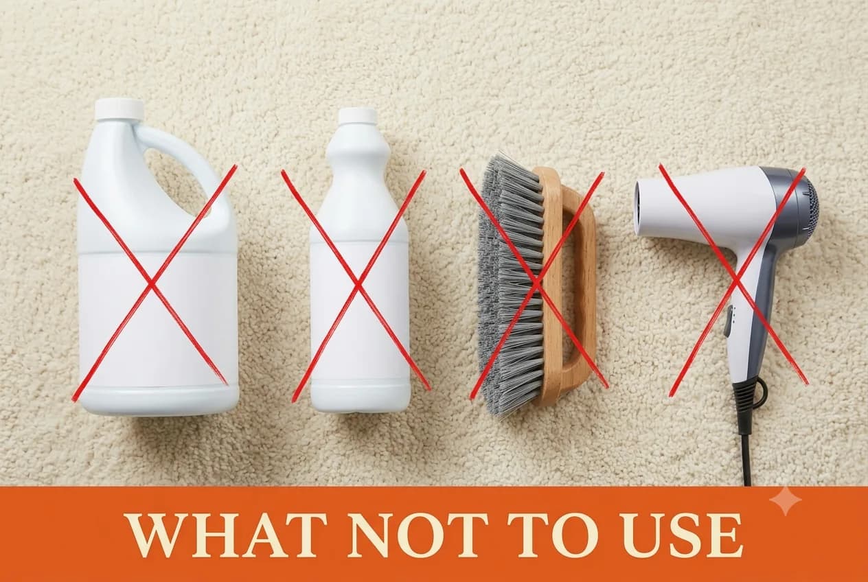 A bleach jug, an ammonia bottle, a stiff scrub brush and a hair dryer marked with red X