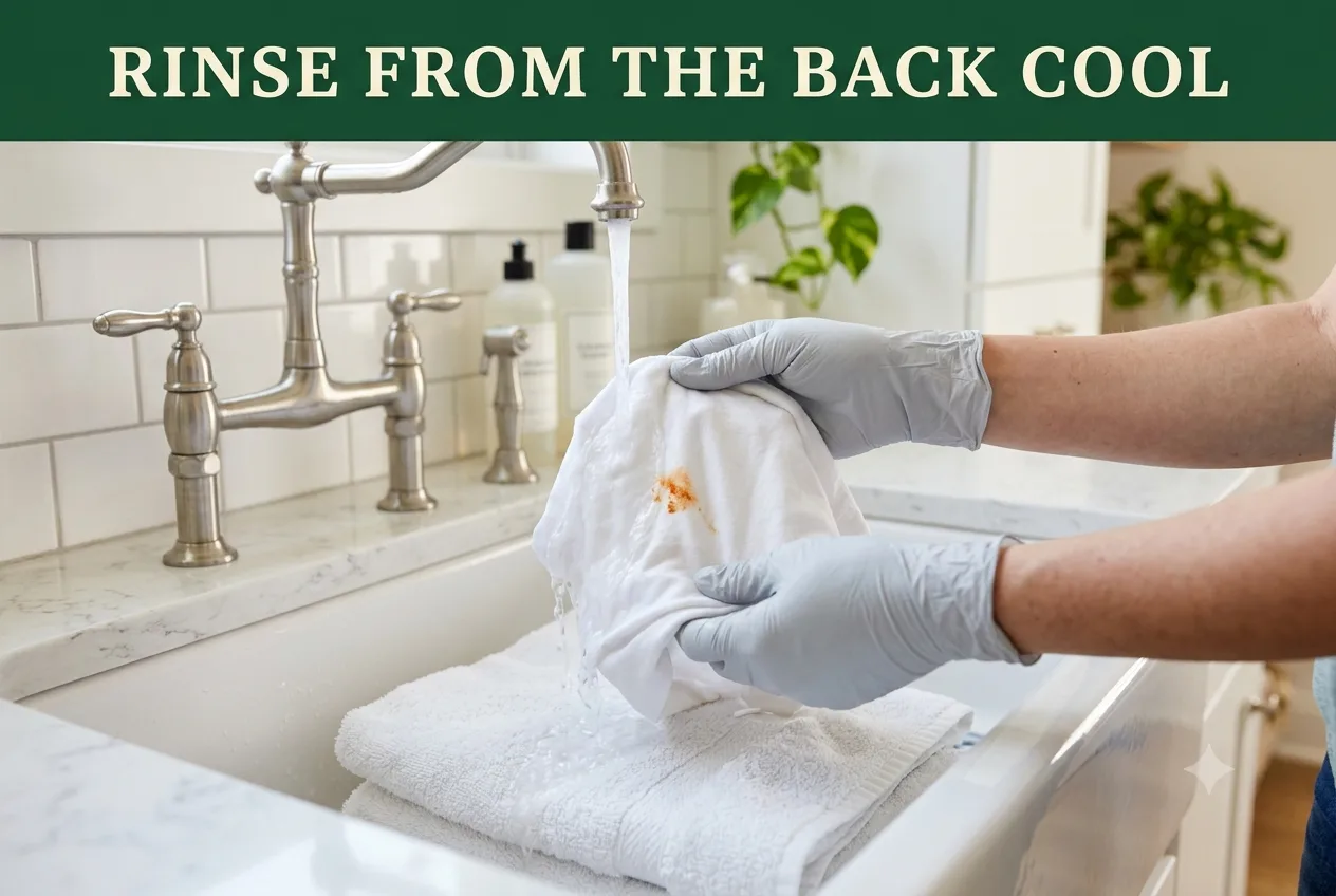 Gloved hands rinsing a rust stain from the back of white cotton fabric under cool running water